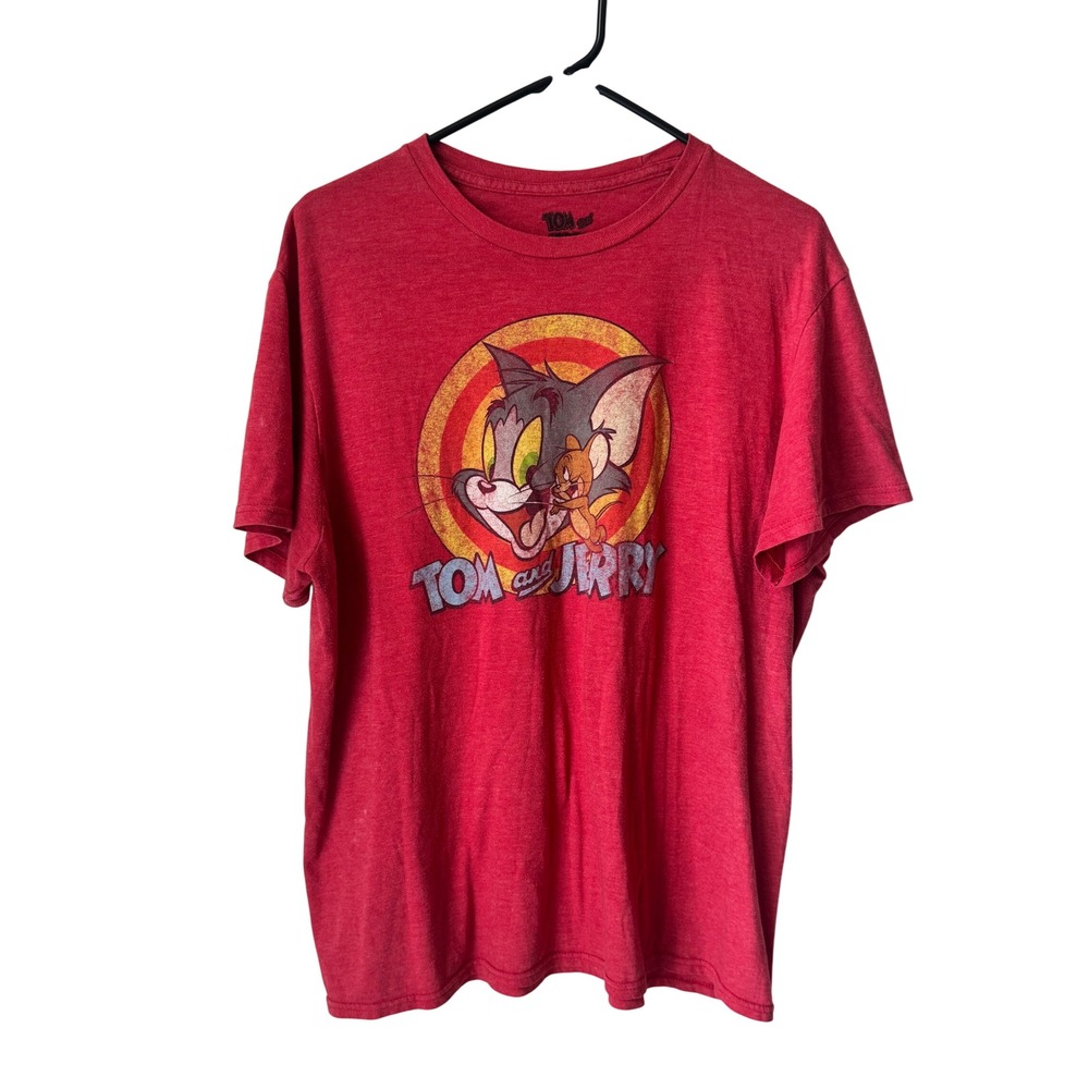 Tom and Jerry Mens Large Heather Red Distressed Graphic T-Shirt Cartoon Retro